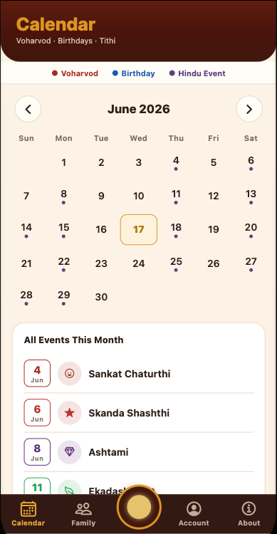 Voharvod calendar and panchang screen
